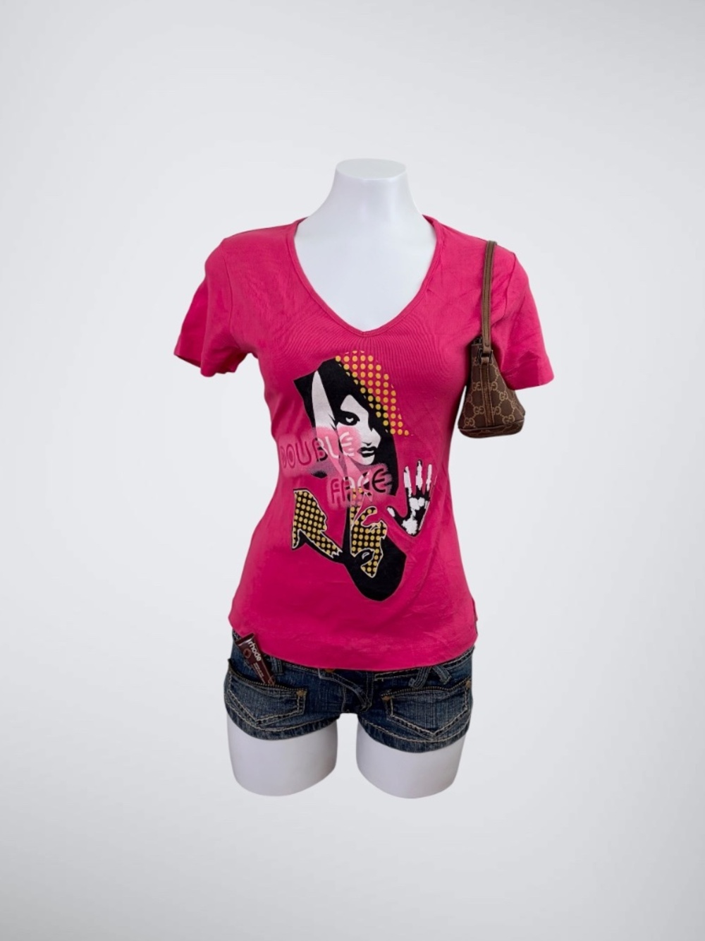 VTG Miss Sixty Hot Pink Double Face Graphic V-Neck Shirt | Y2K Pop Art